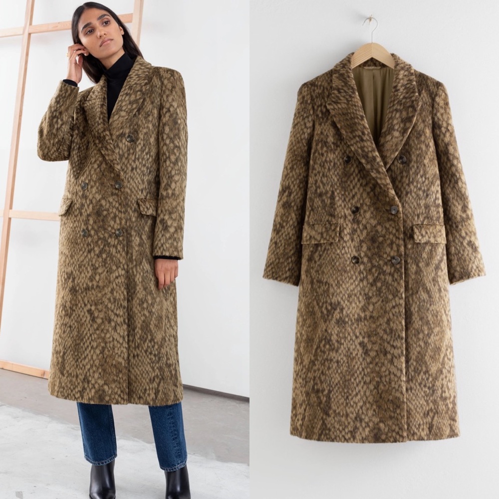 & Other Stories Olive Brown Textured Double-Breasted Wool Coat